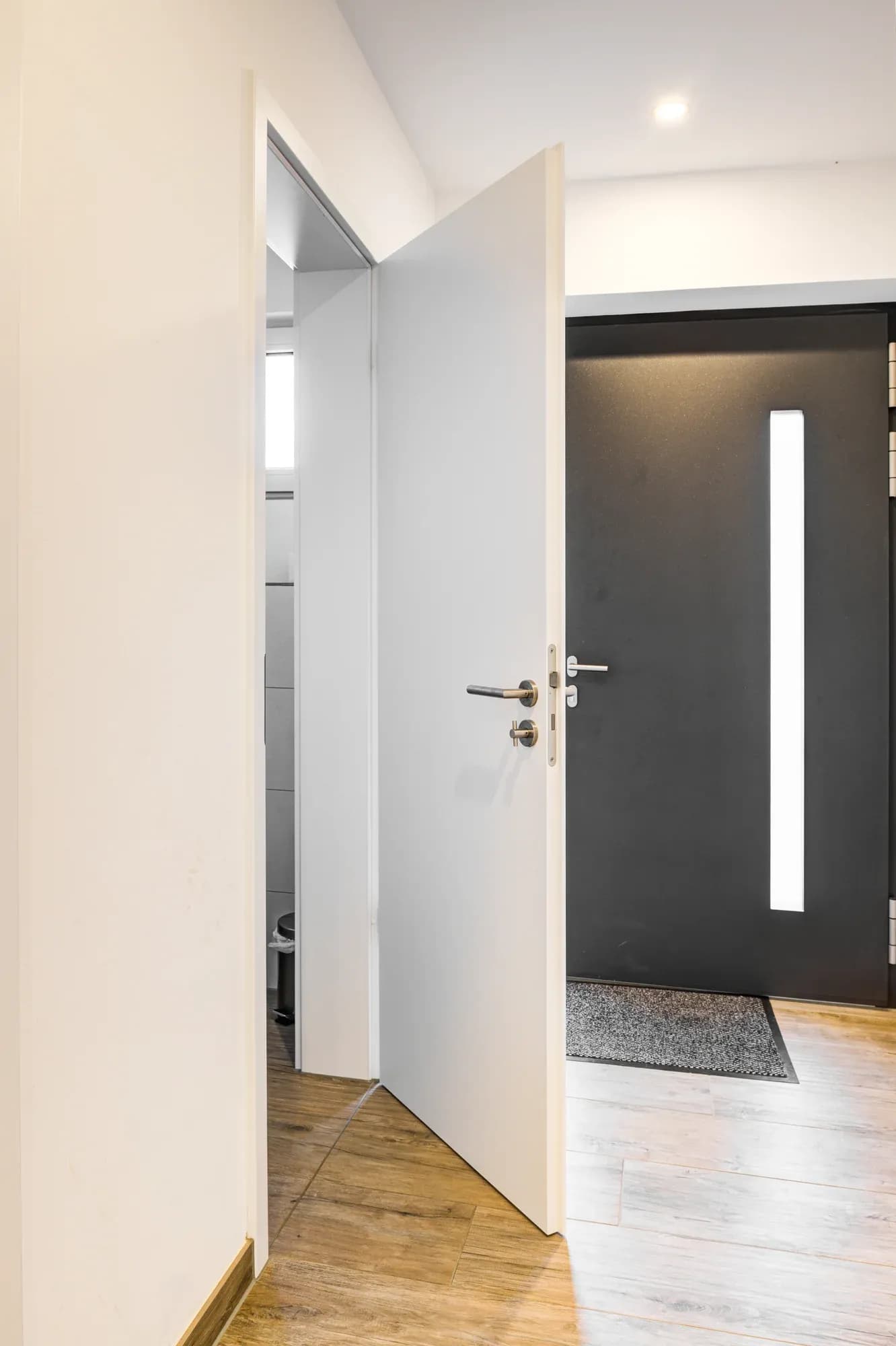 Geöffnete weiße Innentür mit Blick zum anthrazitfarbenen Eingangsbereich mit vertikalem Glasstreifen.