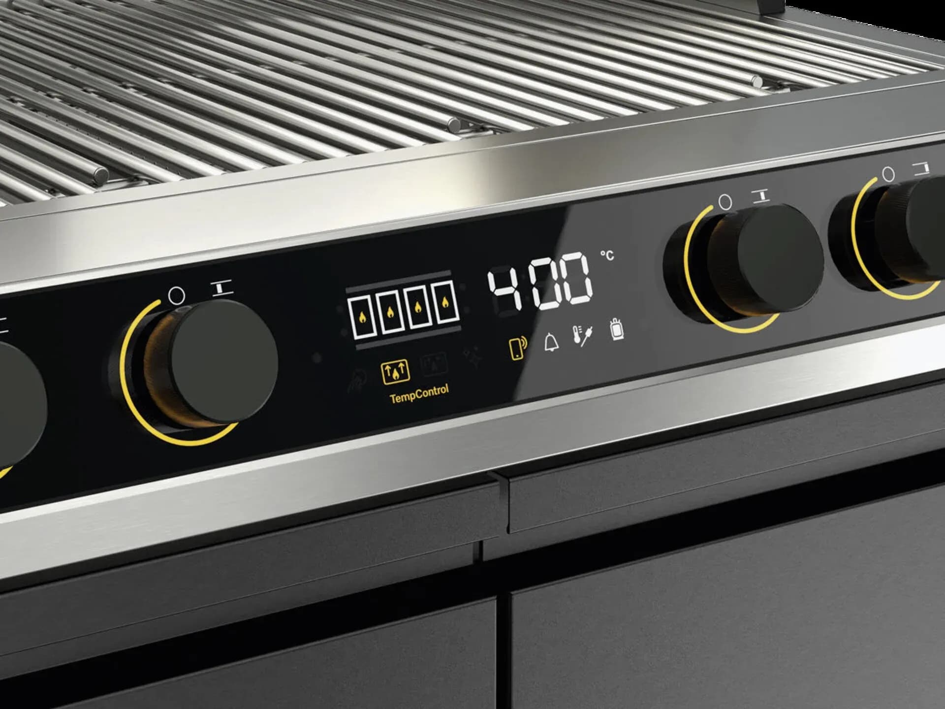 Nahaufnahme des beleuchteten Bedienfelds eines Miele Fire Pro IQ Grills mit digitaler Temperaturanzeige 400 °C und Drehreglern