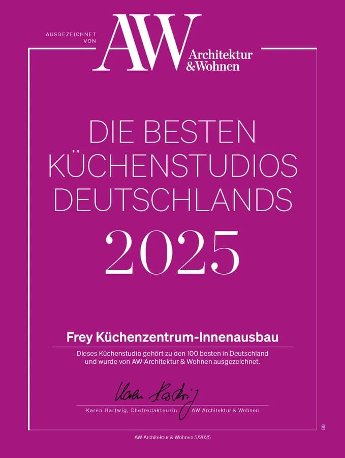 AW-Urkunde „Die besten Küchenstudios Deutschlands 2025“ für Frey Küchenzentrum-Innenausbau