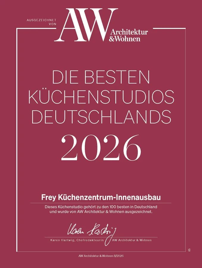AW-Urkunde „Die besten Küchenstudios Deutschlands 2026“ für Frey Küchenzentrum-Innenausbau