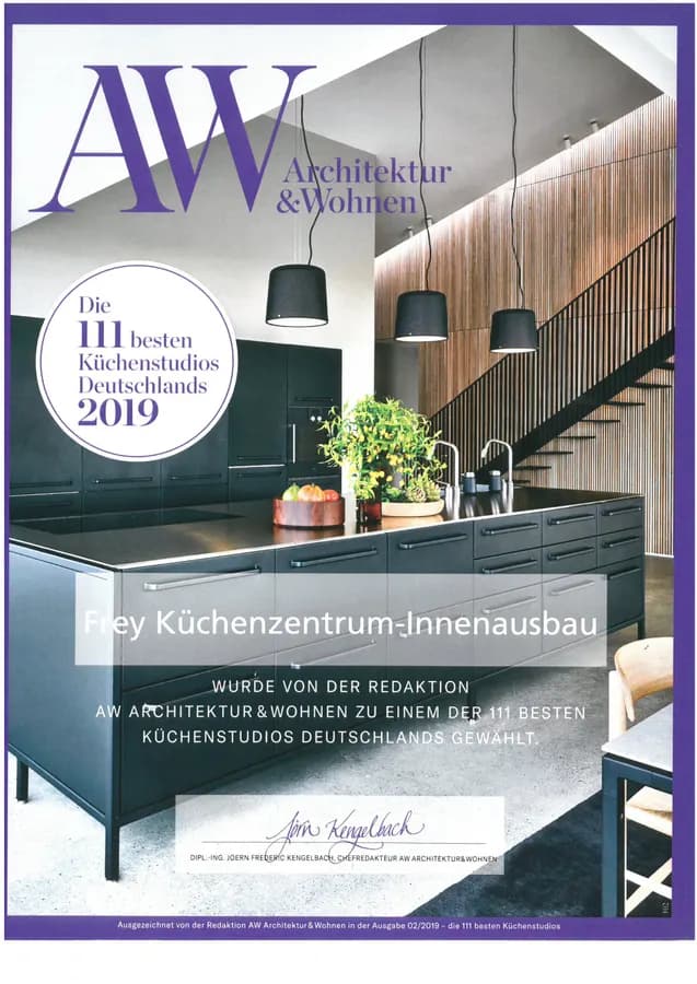 AW-Urkunde „Die 111 besten Küchenstudios Deutschlands 2019“ für Frey Küchenzentrum-Innenausbau
