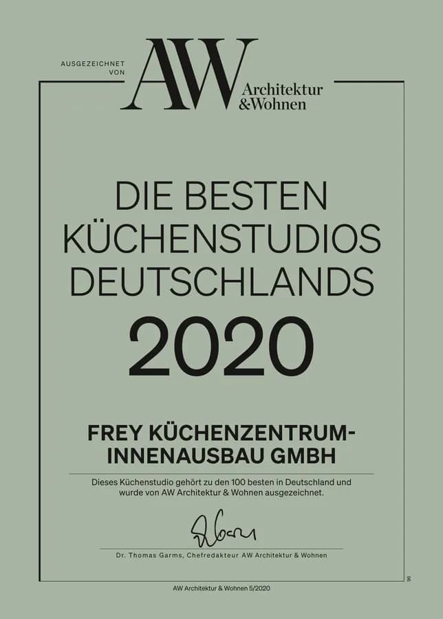 AW-Urkunde „Die besten Küchenstudios Deutschlands 2020“ für Frey Küchenzentrum-Innenausbau