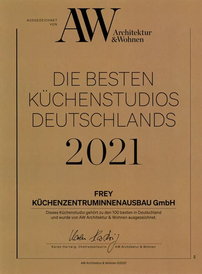 AW-Urkunde „Die besten Küchenstudios Deutschlands 2021“ für Frey Küchenzentrum-Innenausbau