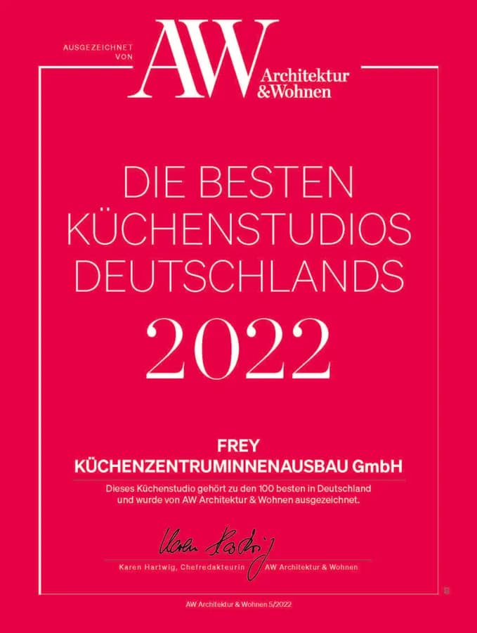 AW-Urkunde „Die besten Küchenstudios Deutschlands 2022“ für Frey Küchenzentrum-Innenausbau