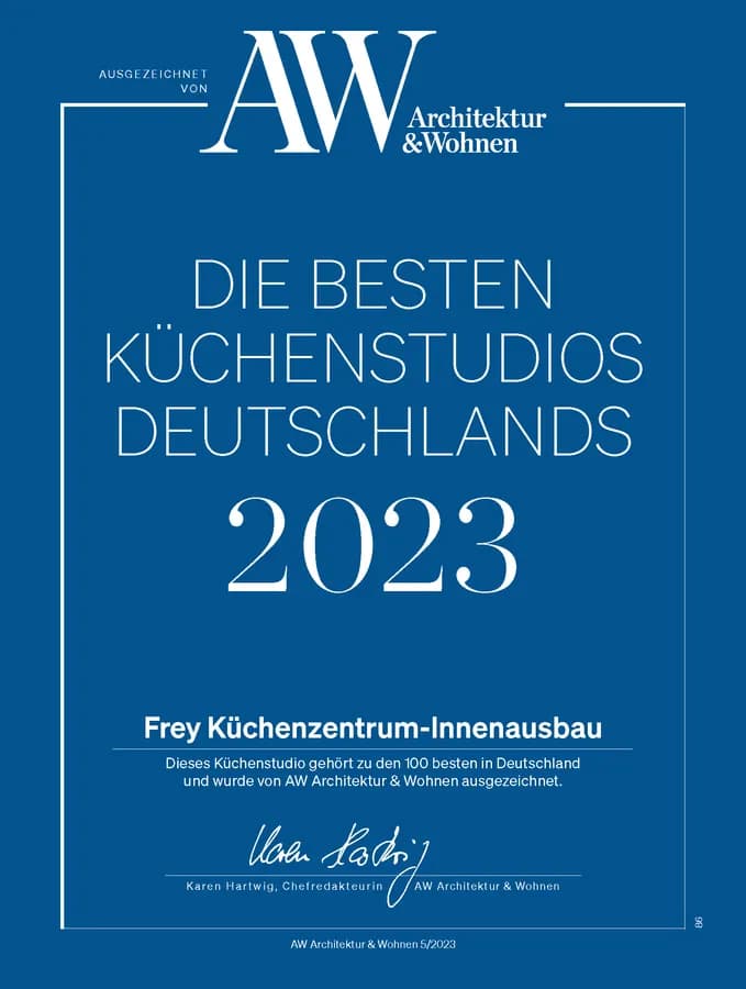 AW-Urkunde „Die besten Küchenstudios Deutschlands 2023“ für Frey Küchenzentrum-Innenausbau