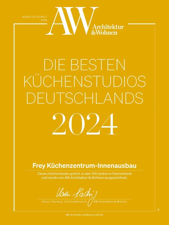 AW-Urkunde „Die besten Küchenstudios Deutschlands 2024“ für Frey Küchenzentrum-Innenausbau
