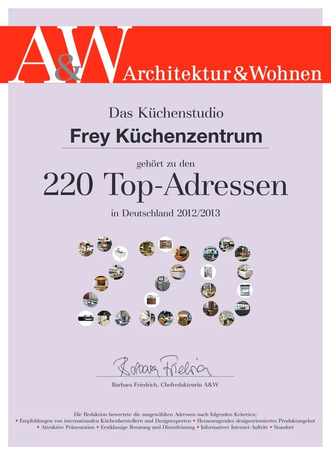 AW-Urkunde: Frey Küchenzentrum gehört zu den 220 Top-Adressen in Deutschland 2012/2013
