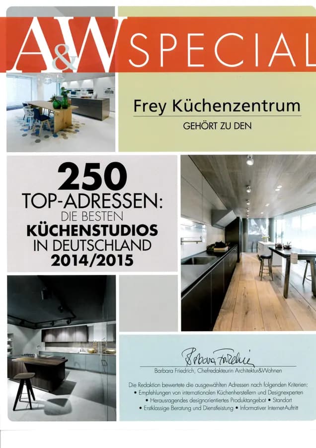 AW Special: Frey Küchenzentrum gehört zu den 250 Top-Adressen — die besten Küchenstudios in Deutschland 2014/2015