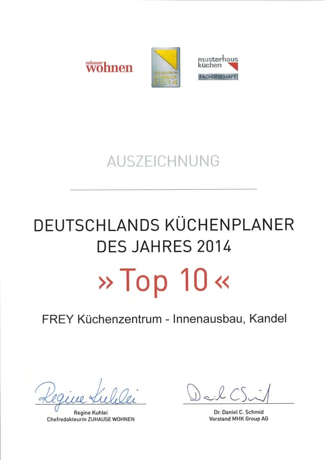 Urkunde „Deutschlands Küchenplaner des Jahres 2014 — Top 10“ für Frey Küchenzentrum-Innenausbau, Kandel