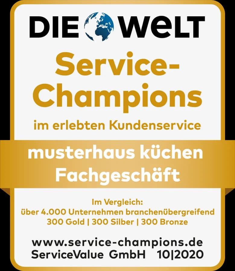 Gold-Siegel „Service-Champions 2020 im erlebten Kundenservice“ — DIE WELT / ServiceValue, musterhaus küchen Fachgeschäft
