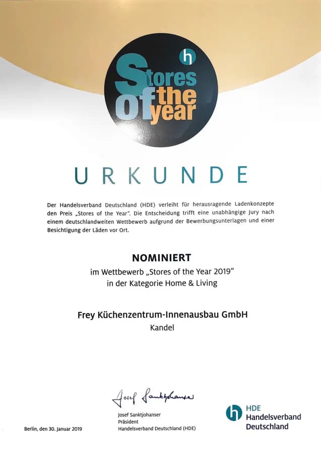 Urkunde: Frey Küchenzentrum-Innenausbau GmbH, Wettbewerb „Stores of the Year 2019“, Kategorie Home & Living