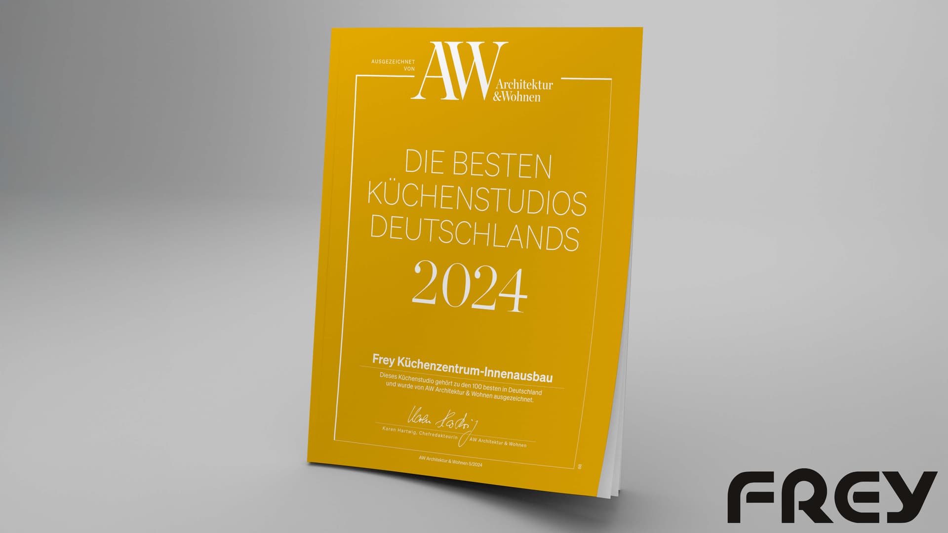Mockup des AW-Sonderhefts „Die besten Küchenstudios Deutschlands 2024" (AW Architektur & Wohnen 5/2024) mit dem Frey-Logo